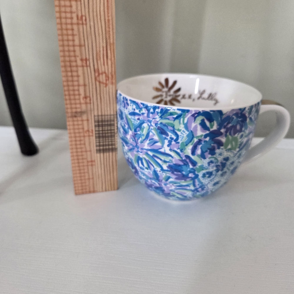 Lilly Pulitzer Large Ceramic Mug Coffe Cup Blue Floral Gold Trim